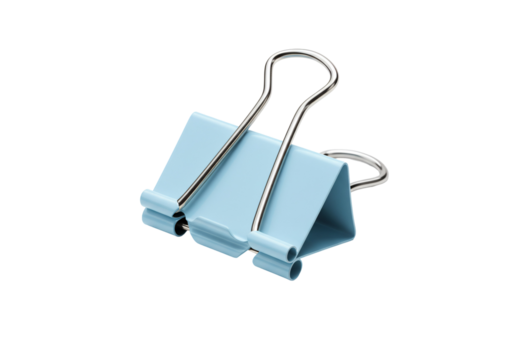 Light blue binder clip on transparent background close up photography of office stationery