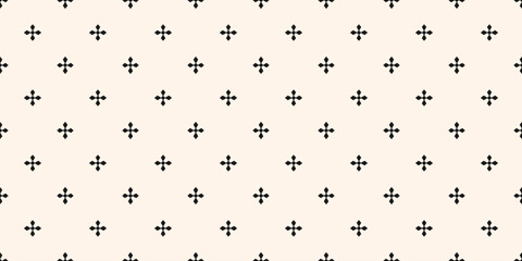 Simple abstract seamless pattern in gothic style. Black and white vector texture with small flower silhouettes, crosses. Minimal floral geometric background. Monochrome repeat design for decor, print