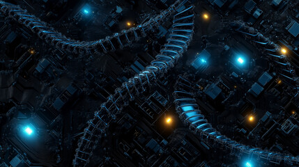 Obraz premium Seamless futuristic texture of glowing double helix DNA structures intertwined with circuit boards, concept of artificial intelligence, digital genetics, and cyber evolution.