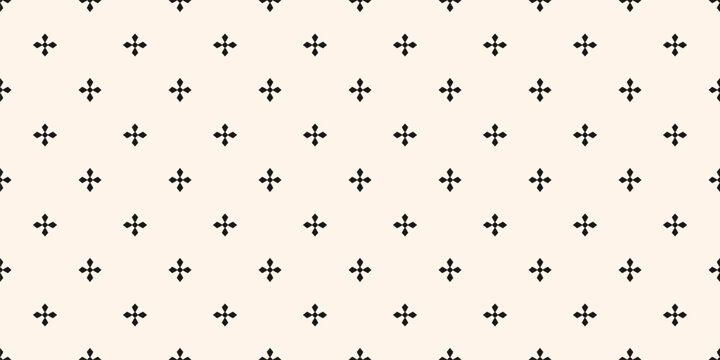 Simple abstract seamless pattern in gothic style. Black and white vector texture with small flower silhouettes, crosses. Minimal floral geometric background. Monochrome repeat design for decor, print
