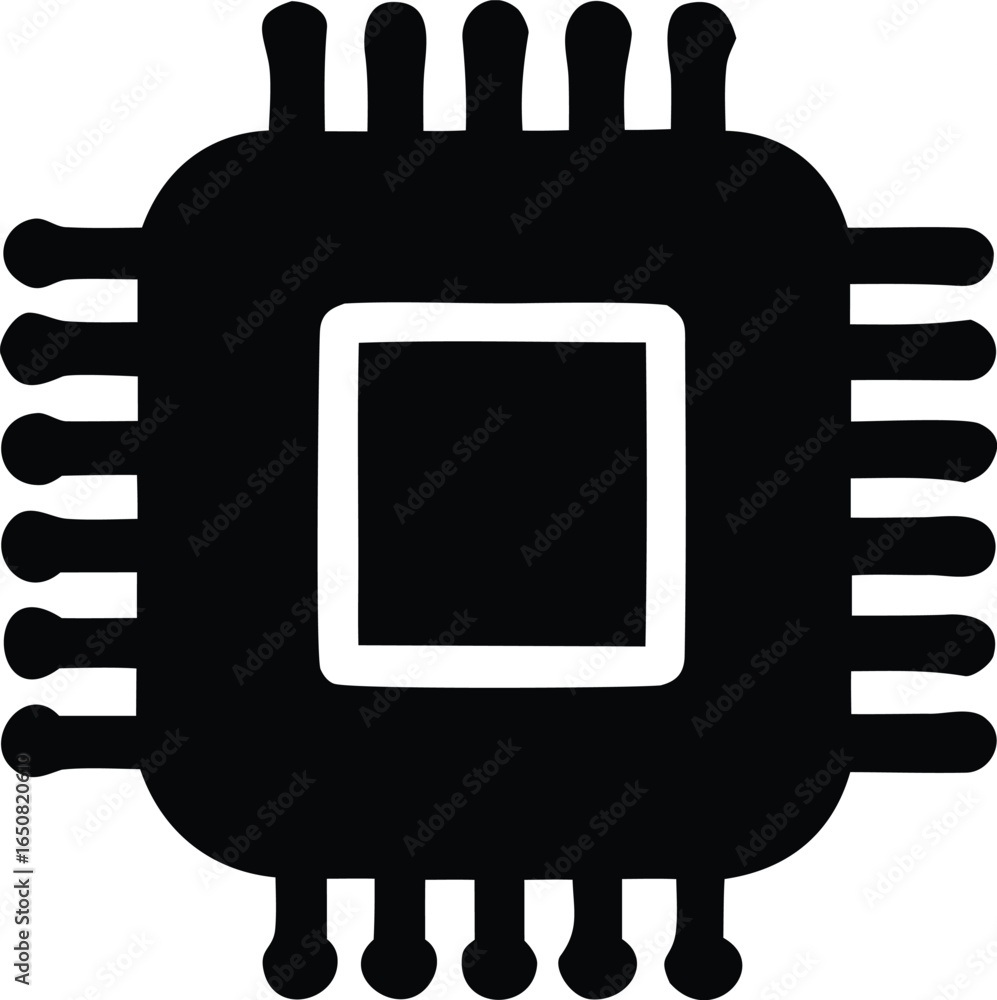 Poster iconic silhouette of a microprocessor chip with multiple pins emphasizing its central processing uni