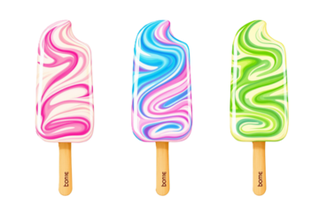 Swirl candy glazed vanilla ice cream bar on stick transparent PNG cutout set bundle, isolated background. Bright blue, pink, green color flavor cue cut out