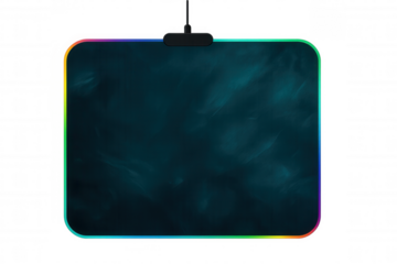 Modern rgb gaming mousepad with a dark textured surface and colorful illuminated edges, isolated on a transparent background, perfect for enhancing gaming setups