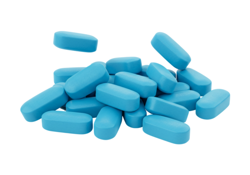Light blue oblong pills on transparent background medical healthcare pharmaceutical image