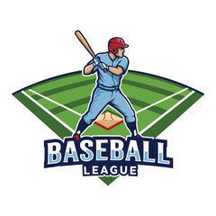 Baseball League Logo with Player and Field