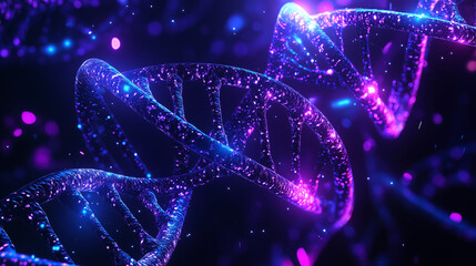 Seamless digital DNA double helix texture with glowing neon strands, futuristic biotech visualization in purple and blue.