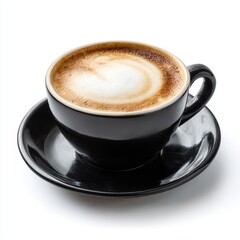 Obraz premium A delicious cappuccino, served in a black ceramic cup with saucer, evoking the aroma of freshly brewed coffee