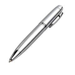 Silver ballpoint pen isolated on light gray background