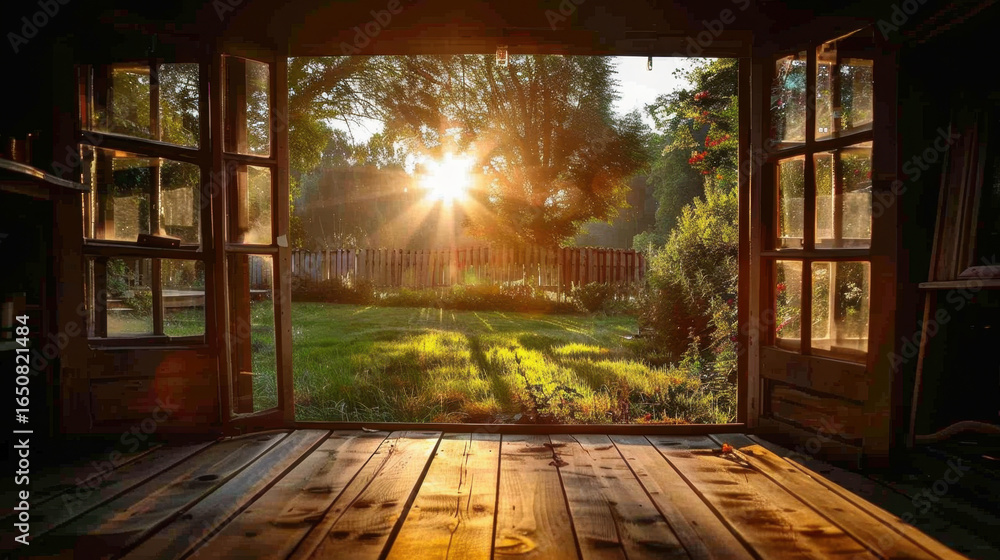 Poster serene view from open window showcases sunlit garden, with rays of sunlight filtering through trees,