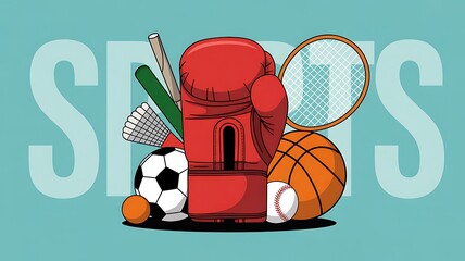 Diverse Sports Equipment Collection Featuring Basketball Tennis Racket and Boxing Glove for Active Lifestyle Marketing Campaigns