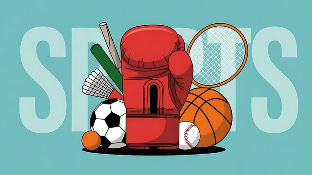 Diverse Sports Equipment Collection Featuring Basketball Tennis Racket and Boxing Glove for Active Lifestyle Marketing Campaigns