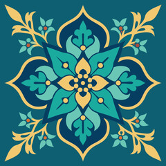 Teal blue and yellow floral arabesque pattern ornamental geometric
