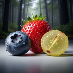 Fresh strawberry, blueberry, and grape with water droplets in natural forest background