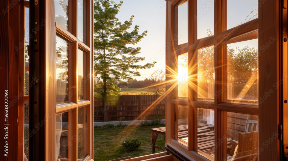 Poster beautiful view from open window showcasing sunset with rays of sunlight streaming through. scene inc