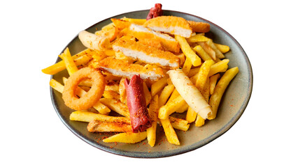 isolated snack plate of chips, sausages and onion rings