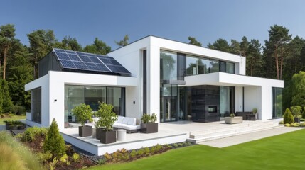 Modern two-story house with minimalist design, large glass windows, white exterior walls, dark tiles, solar panels,