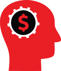 Red silhouette of a human head with a gear and dollar sign symbolizing financial thinking and business strategy