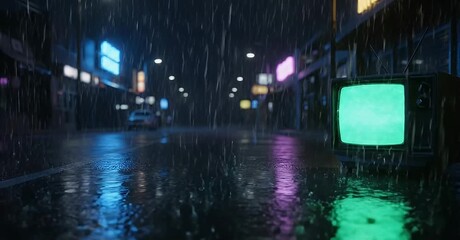 Rainy night street scene with neon lights and a vintage television. - Powered by Adobe