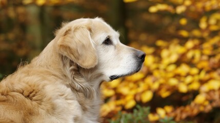 Golden retriever dog with long yellowish white fur sits outdoors in autumn surrounded by trees with bright orange yellow