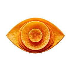 Eye made from stacked golden potato chips, crisp and textured, floating on a white background with a soft shadow, playful and appetizing.