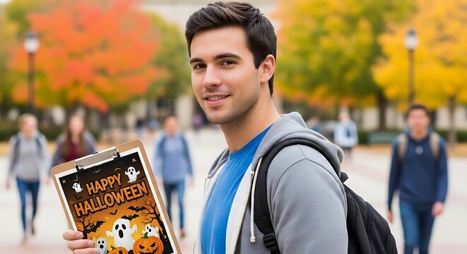 Smiling Student Holding a Happy Halloween Poster on a Clipboard in an Autumnal Campus Setting with Trees and People in the Background, Celebrating the Spooky Season