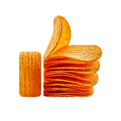 Thumb up sign made from stacked golden potato chips, crisp and textured, floating on a white background with a soft shadow, playful and appetizing.