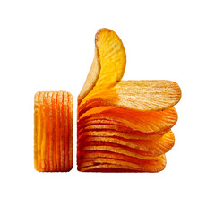 Thumb up sign made from stacked golden potato chips, crisp and textured, floating on a white background with a soft shadow, playful and appetizing.