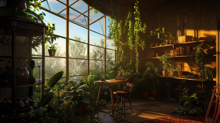 Fototapeta premium Serene indoor garden scene featuring sunlit room filled with lush greenery and plants. space includes wooden table and chair, surrounded by various potted plants, creating tranquil atmosphere