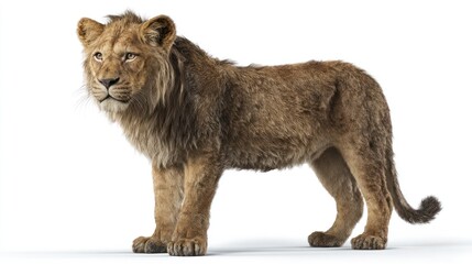 Obraz premium A young male lion, tawny-brown coat, stands alert against a stark white backdrop, its gaze directed slightly to its left. Its mane is somewhat unkempt, giving it a rugged appearance