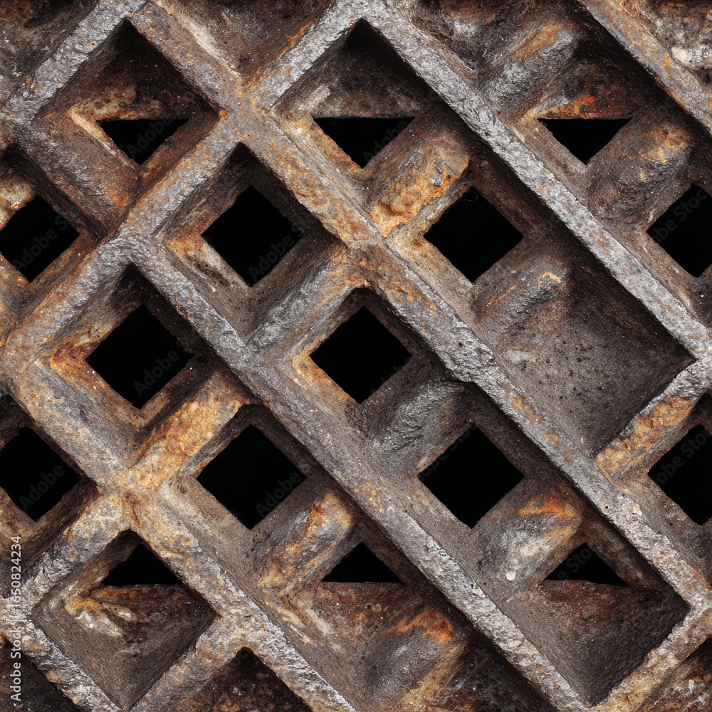 Poster close-up of a rusty metal grate with a diamond pattern, displaying textures and shadows