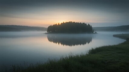 Obraz premium Misty Dawn Over a Serene Lake with Tree-Covered Island