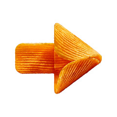Arrow made from stacked golden potato chips, crisp and textured, floating on a white background with a soft shadow, playful and appetizing.