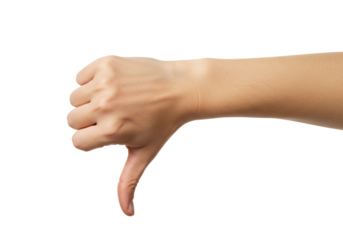 Light skin hand gesturing thumbs down against transparent background