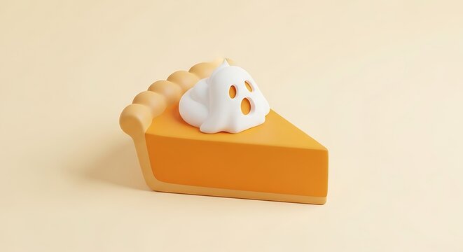 Cute pumpkin pie slice with a ghost shaped whipped cream topping on a beige background, perfect for Halloween themed designs and seasonal promotions