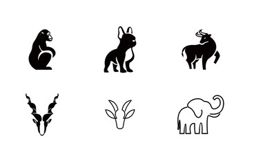 Animal Icon Set: Gorilla, Dog, Bull, Antelope, Elephant