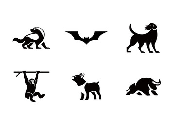 Animal Silhouettes Set: Honey Badger, Bat, Dog, Monkey, Bulldog, Bull Vector