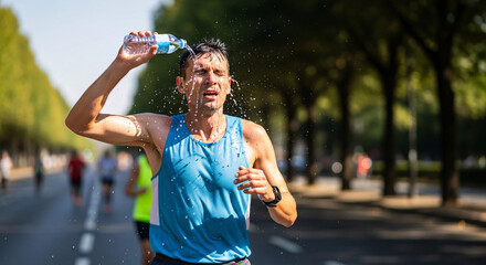 A male marathon runner pours a bottle of water over his head to cool down during a sunny city race.
