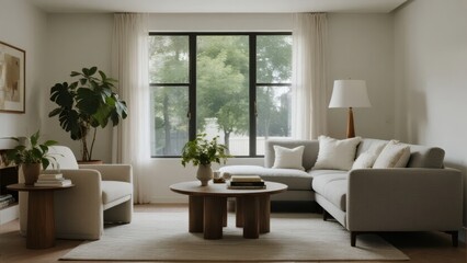 Fototapeta premium Modern Living Room with Neutral Tones and Large Windows