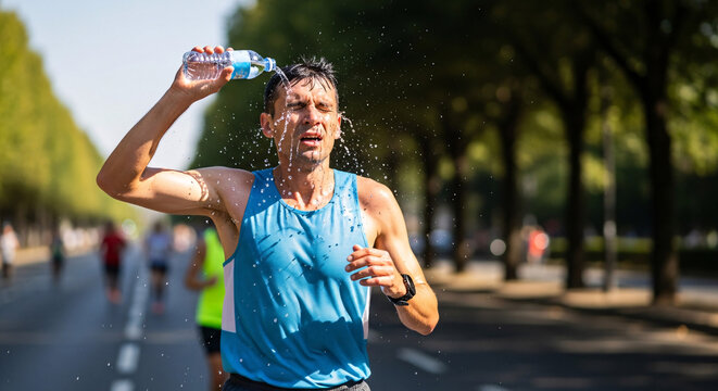 A male marathon runner pours a bottle of water over his head to cool down during a sunny city race.