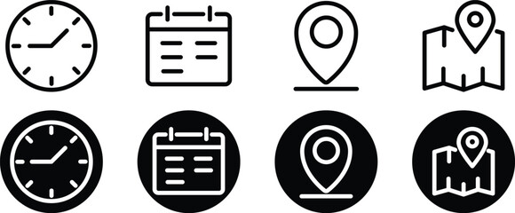 Date, Time, Address icon set, containing Calendar, notification bell, address location pointer and alarm bell. Simple flat vector illustrations collection for web

