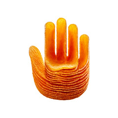 Hand made from stacked golden potato chips, crisp and textured, floating on a white background with a soft shadow, playful and appetizing.