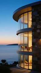 Modern Curved Glass House Overlooking the Sea at Dusk