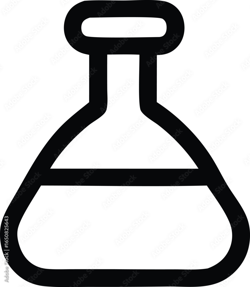 Poster simple black and white line art icon of a chemistry flask with a rounded bottom and narrow neck repr