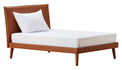 Brown Leather Bed with White Pillow, Mid-Century Modern Design Element, Transparent Background