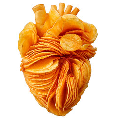 Heart made from stacked golden potato chips, crisp and textured, floating on a white background with a soft shadow, playful and appetizing.