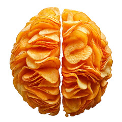 Brain made from stacked golden potato chips, crisp and textured, floating on a white background with a soft shadow, playful and appetizing.