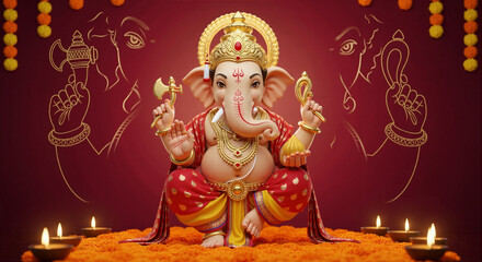 Ornate Ganpati on a Red Background