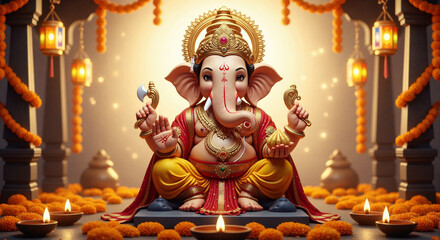 Fototapeta premium Majestic Ganesha on a Throne with Diyas