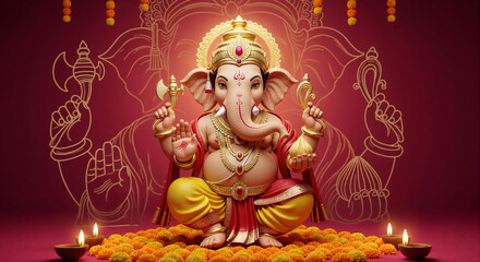 Fototapeta premium Golden Ganesha on a Decorative Red Backdrop