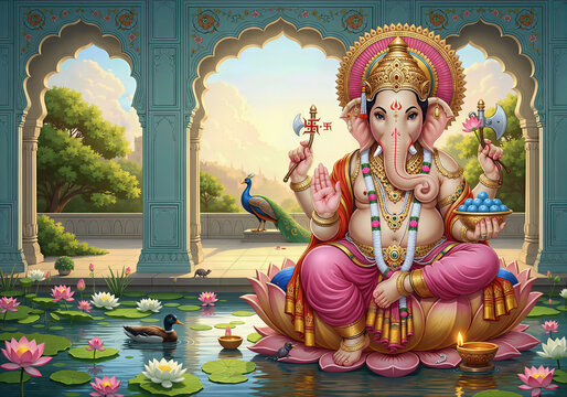 Ganesh Chaturthi scene by a serene river 3d Wallpaper